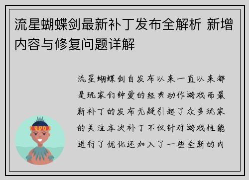 流星蝴蝶剑最新补丁发布全解析 新增内容与修复问题详解